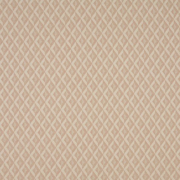 Beige-pink geometric wallpaper with small diamond-lattice and chevron motifs; repeating uniformly to create a subtle raised woven texture; flat, evenly lit wall or fabric sample filling the frame.