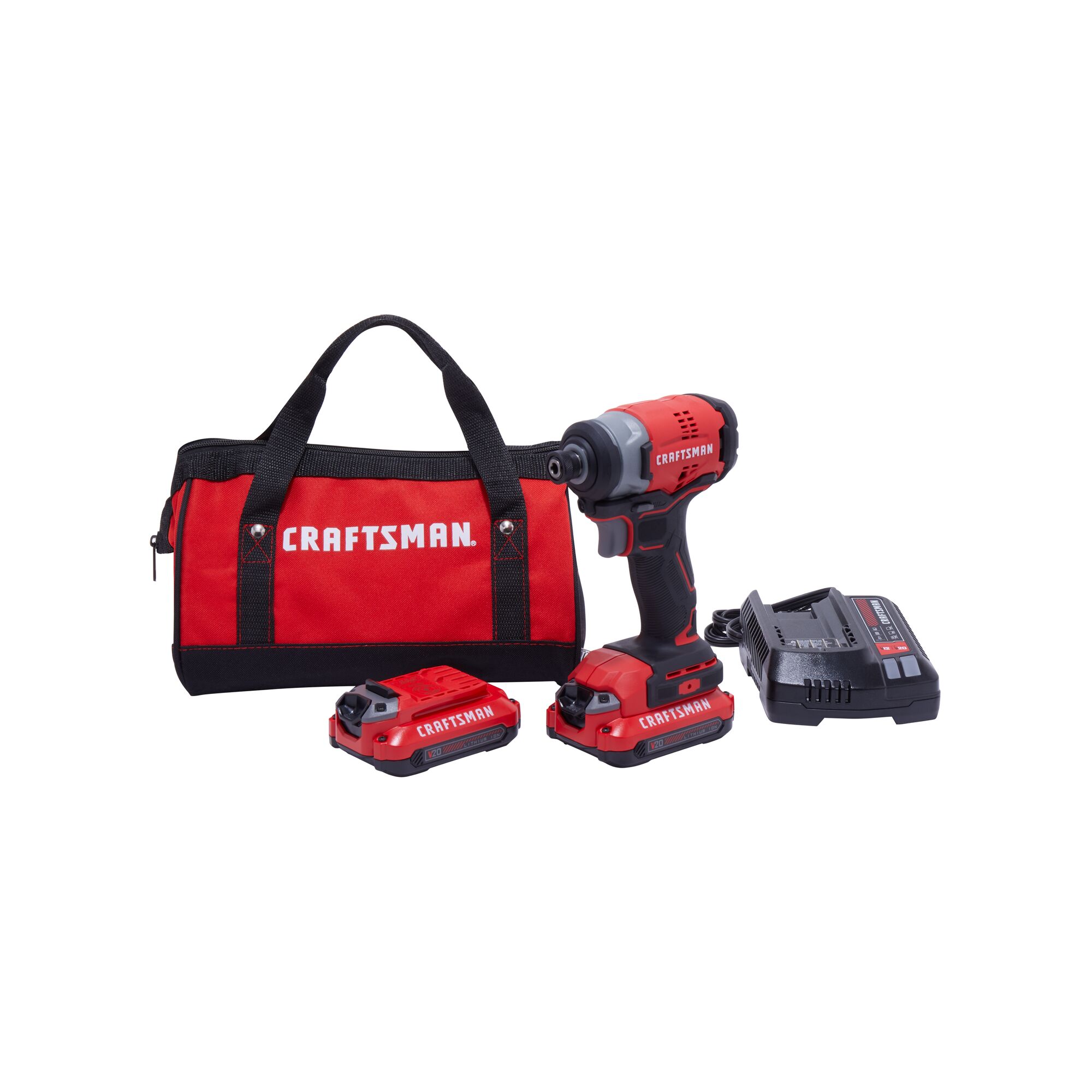 Front view of Craftsman 20V Max ¼ in. Brushless Cordless Impact Driver Kit with 2 Batteries.