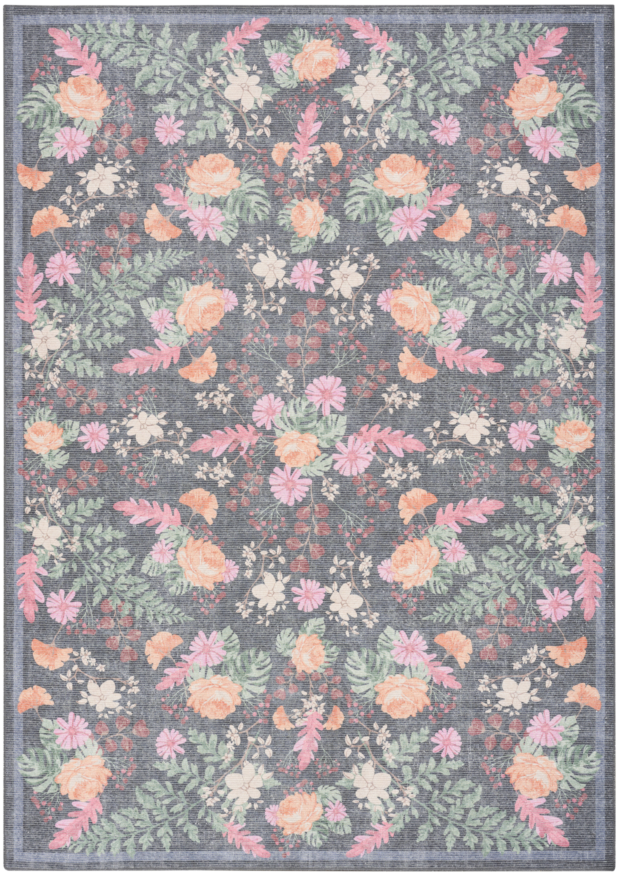 Nourison Botanical Washables 4' x 6' Charcoal Multicolor Farmhouse Indoor Rug