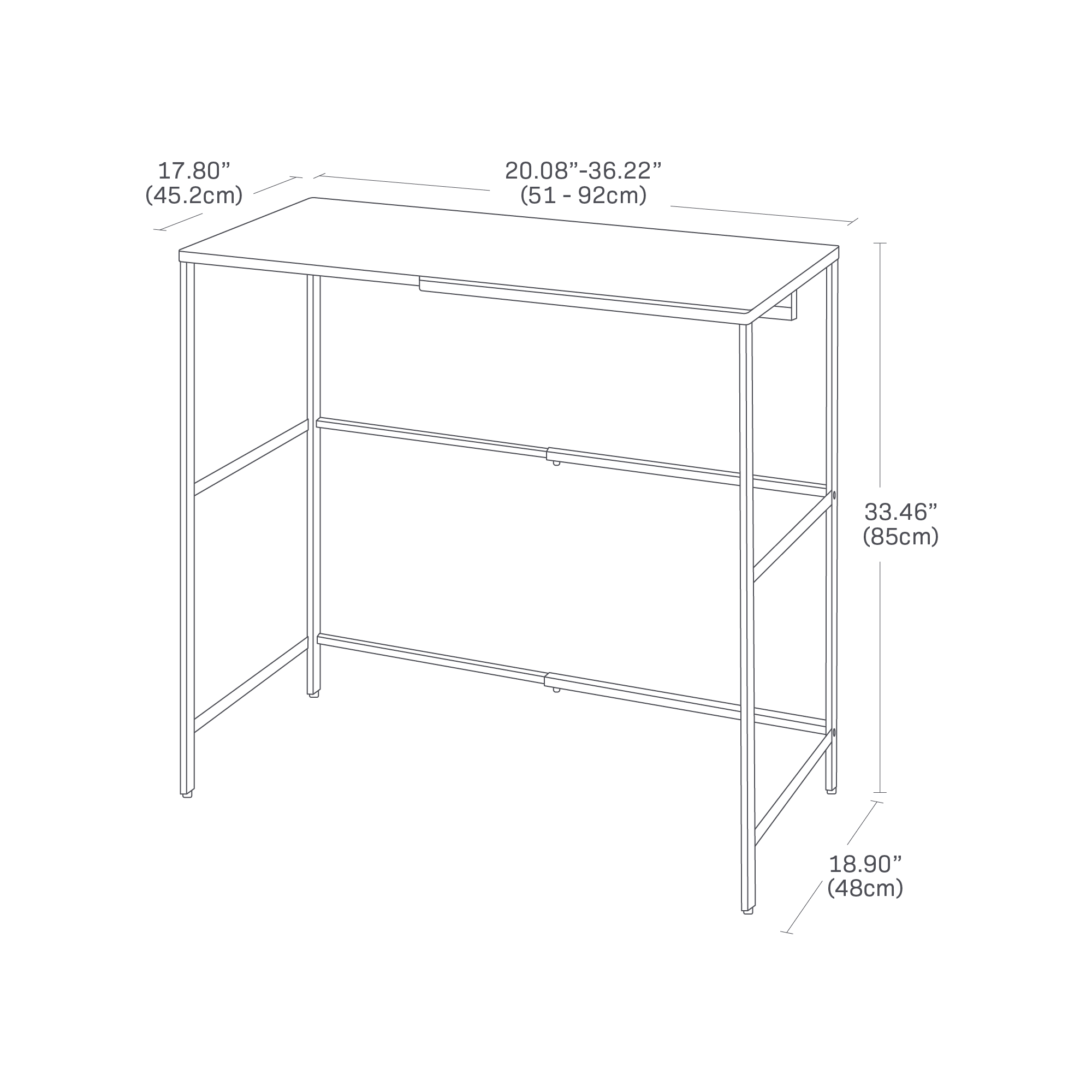 Dimensions of Yamazaki Home Expandable Suitcase Rack showing a total expandable length from 20.08 to 36.22 inches, a total width of 18.90 inches and a total height of 33.46 inches. Counter width is 17.80 inches.