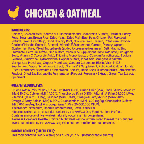 <p>Chicken, Chicken Meal (source of Glucosamine and Chondroitin Sulfate), Oatmeal, Barley, Peas, Sorghum, Brown Rice, Dried Yeast, Dried Plain Beet Pulp, Chicken Fat, Flaxseed, Natural Flavor, Dried Kelp, Dried Chicory Root, Chicken Liver, Taurine, Potassium Chloride, Choline Chloride, Spinach, Broccoli, Vitamin E Supplement, Carrots, Parsley, Apples, Blueberries, Kale, Mixed Tocopherols (added to preserve freshness), Salt, Niacin, Zinc Proteinate, Ferrous Sulfate, Zinc Sulfate, Iron Proteinate, Vitamin A Supplement, Fenugreek Seed, Vitamin C (Ascorbic Acid), Thiamine Mononitrate, d-Calcium Pantothenate, Sodium Selenite, Pyridoxine Hydrochloride, Copper Sulfate, Riboflavin, Manganese Sulfate, Manganese Proteinate, Copper Proteinate, Biotin, Vitamin D3 Supplement, Yucca Schidigera Extract, Vitamin B12 Supplement, Folic Acid, Calcium Iodate, Dried Enterococcus faecium Fermentation Product, Dried Bacillus licheniformis Fermentation Product, Dried Bacillus subtilis Fermentation Product, Rosemary Extract, Green Tea Extract, Spearmint.</p>
