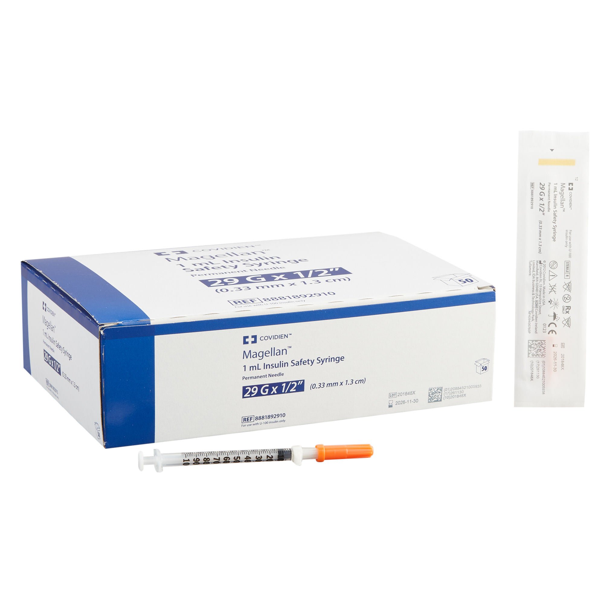 Magellan™ 1 mL Insulin Syringe with Needle, 29 Gauge, 1/2 Inch Needle Length