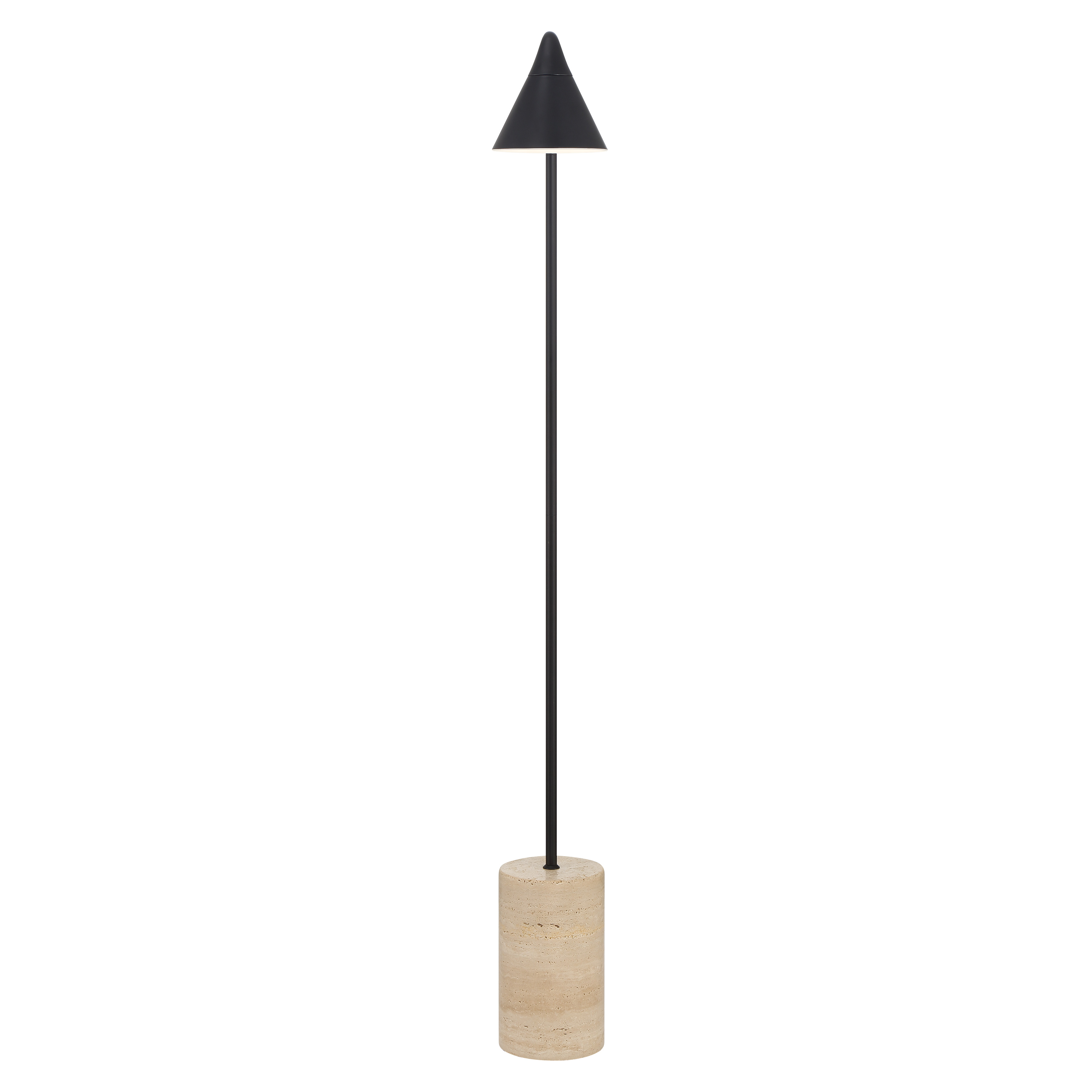 This sophisticated LED floor lamp combines timeless traditional styling with modern energy efficiency. The substantial travertine stone base provides exceptional stability, while the coal black finish adds refined elegance to any space. - alternate view