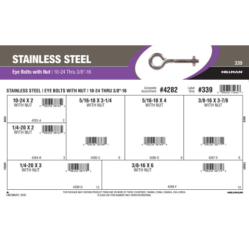 Stainless Steel Eye Bolts with Nuts Assortment (#10-24 Thru 3/8