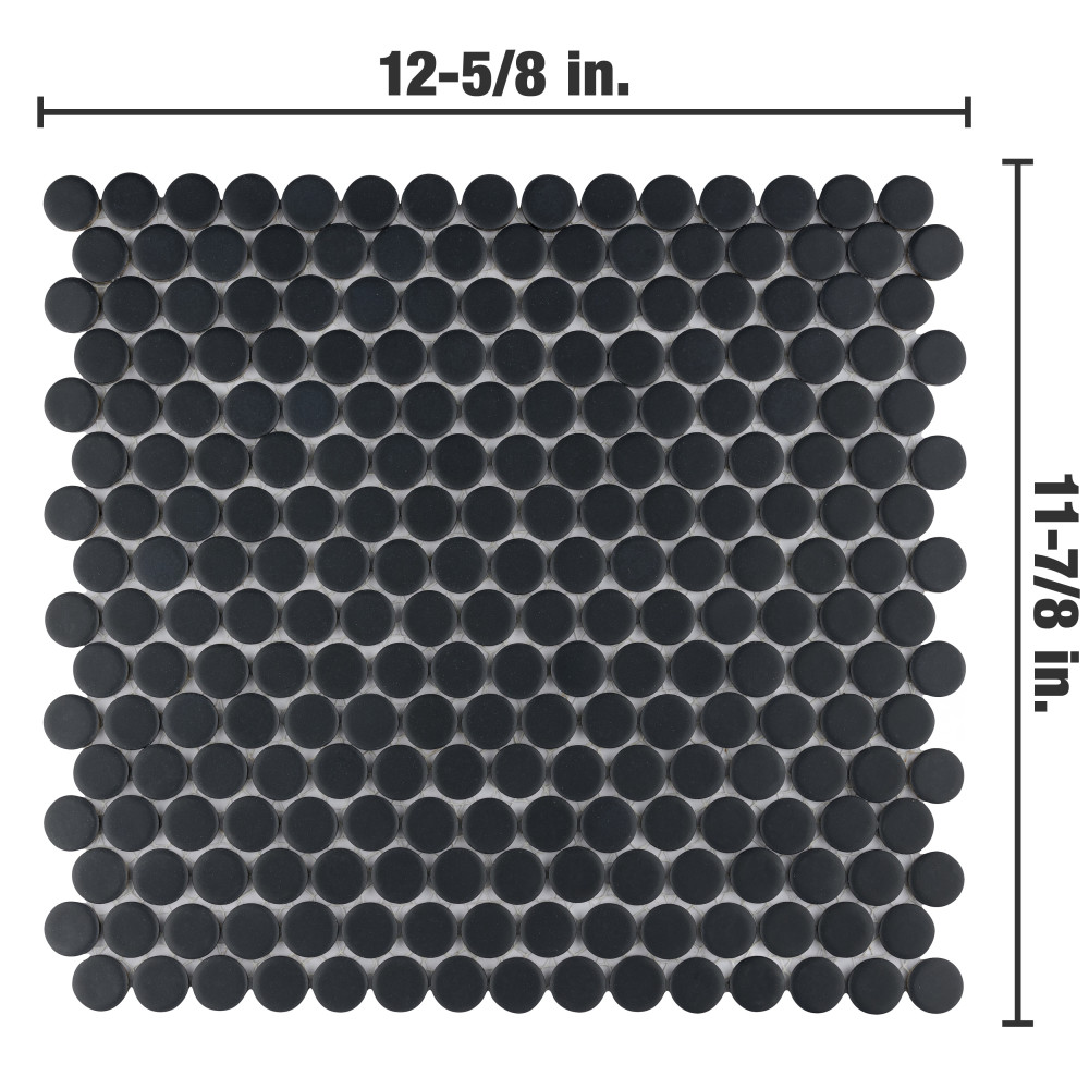 Hudson Penny Round Matte Black 11-7/8 in. x 12-5/8 in. Porcelain Mosaic Tile