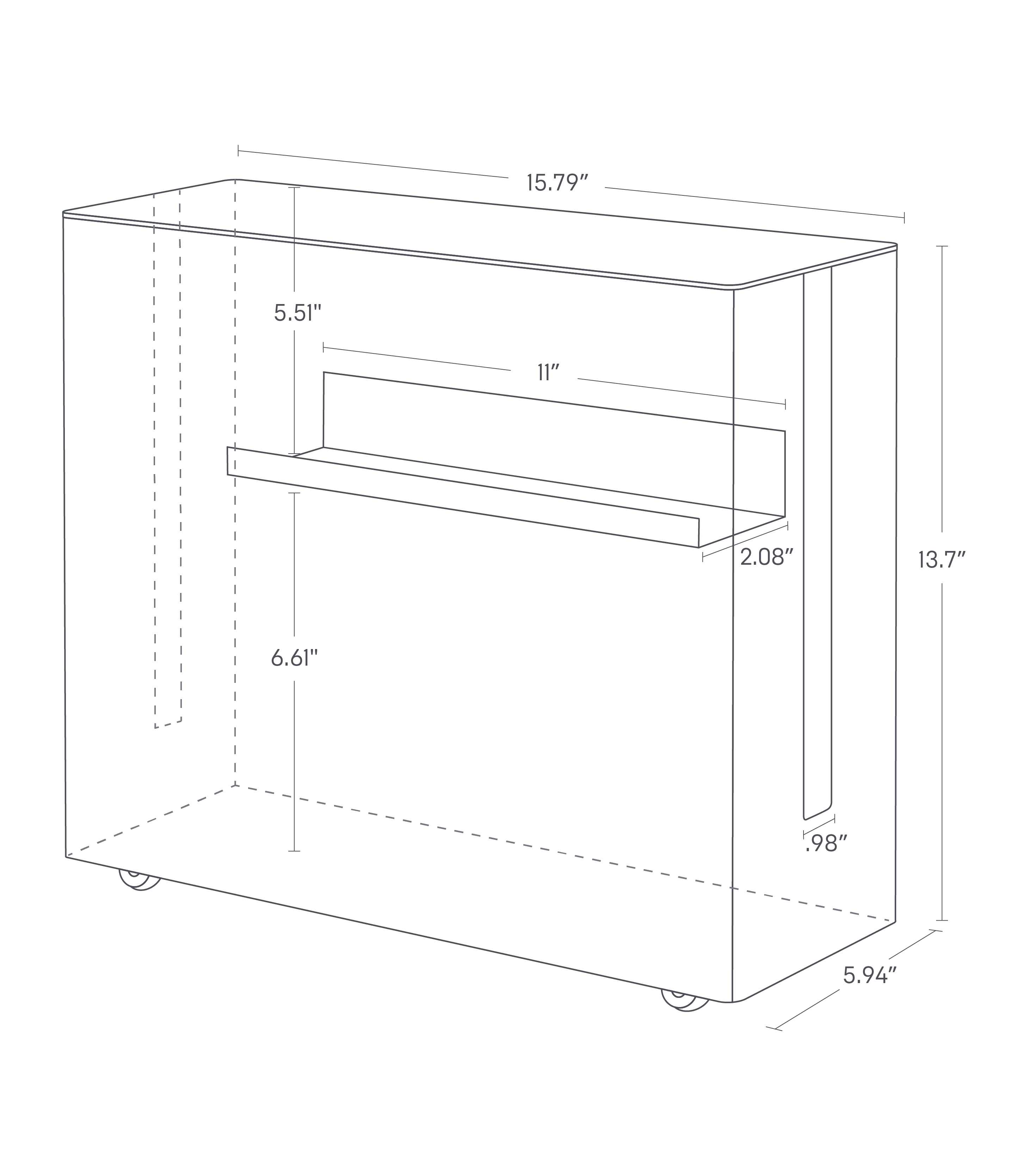 Image dimensionnelle du boîtier de gestion de câbles roulant montrant une longueur totale de 15,79 po, une largeur de 5,94 po et une hauteur de 13,7 po. L