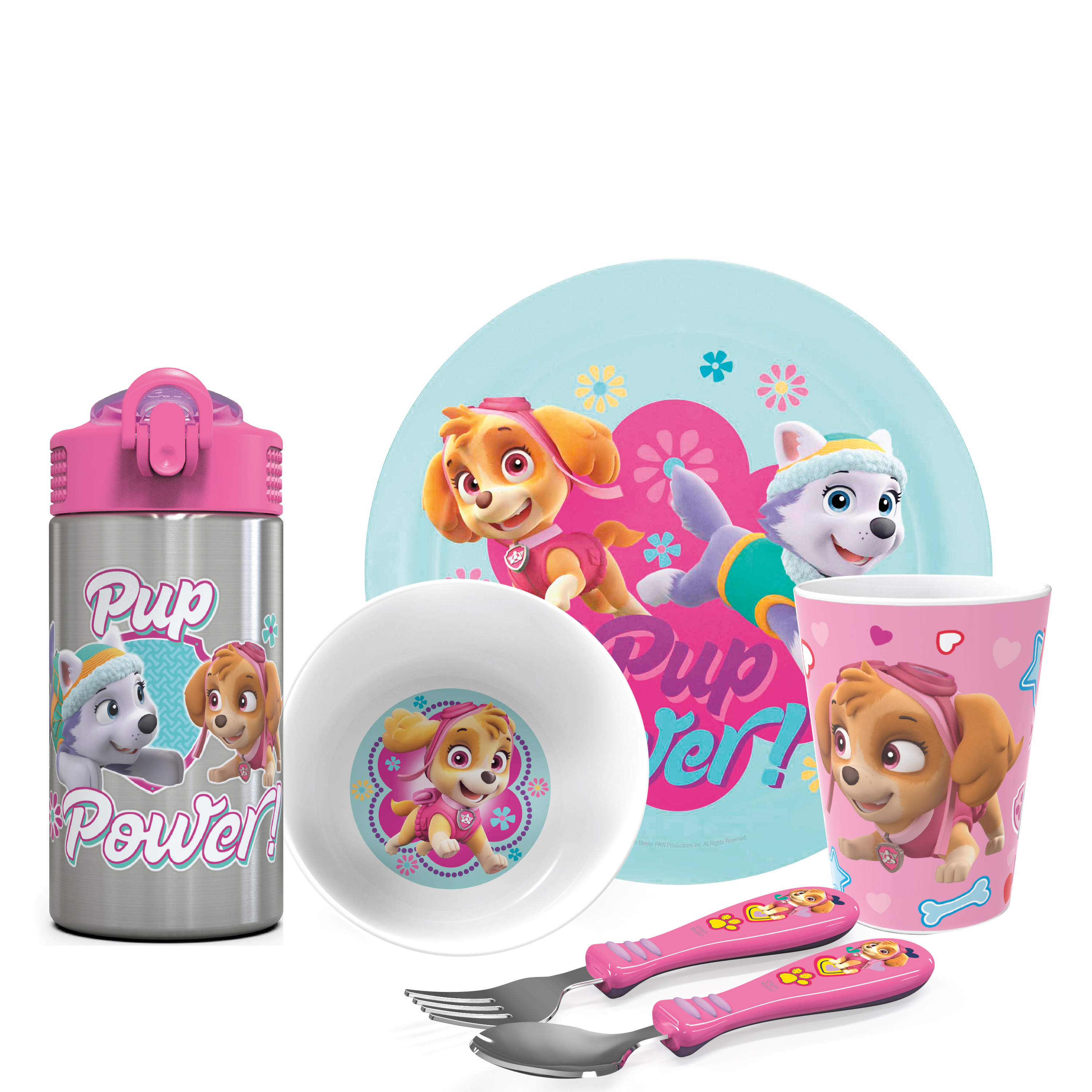 Paw Patrol Plate, Bowl, Tumbler, Water Bottle and Flatware Set for Kids, Everest and Skye, 6-piece set slideshow image 1