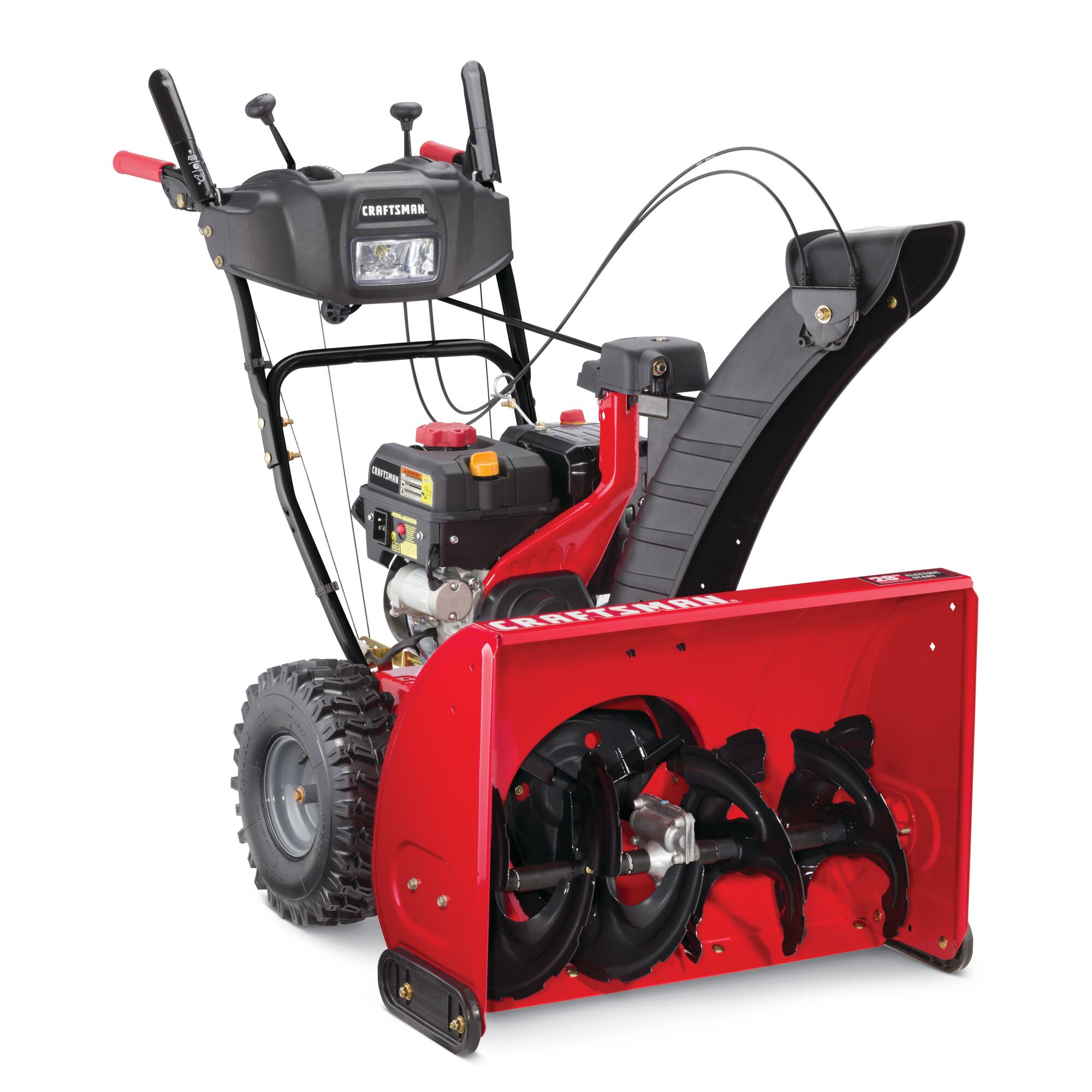 Profile of 28 inch 243 CC electric start two stage snow blower.