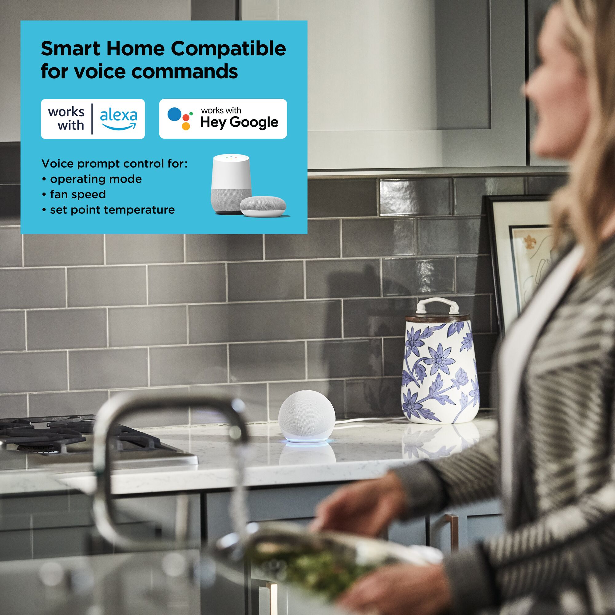 Woman in the kitchen controlling the thermostat with voice commands