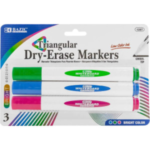 Triangle Dry-Erase Markers, Chisel Tip, Bright Colors, Pack of 3