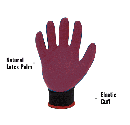 AX360 Latex-dipped Crinkle Grip Cut Resistant Gloves in Blue and Black (EN Level 2 / ANSI A2) AXCRG-05 showing Natural Latex Palm and Elastic Cuff