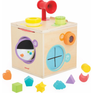 Sensory Multi-Activity Discovery Box, Wooden Sensory Cube with Accessories, Ages 18+ Months