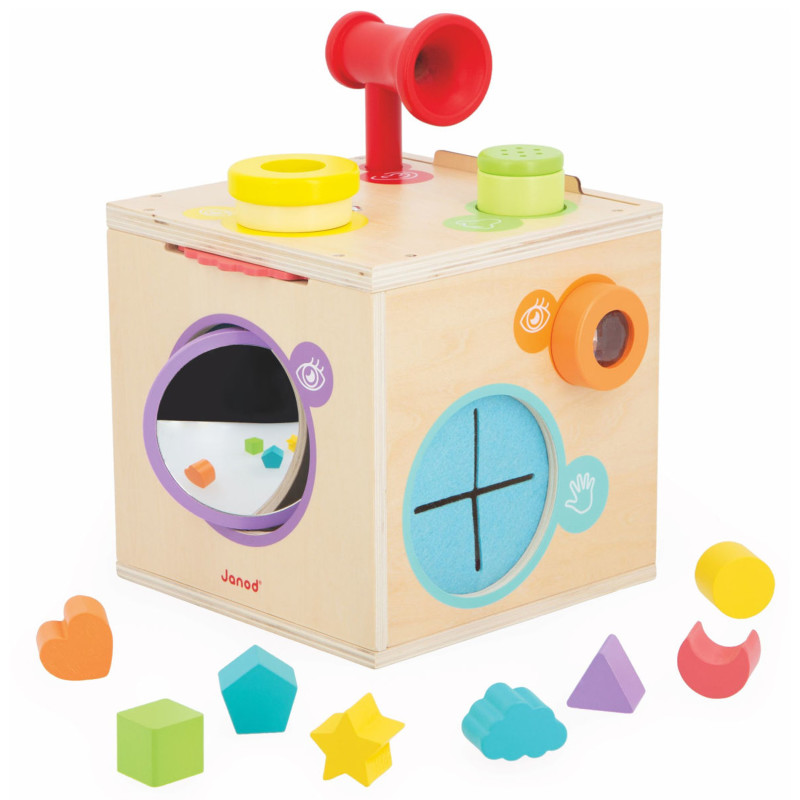 Sensory Multi-Activity Discovery Box, Wooden Sensory Cube with Accessories, Ages 18+ Months