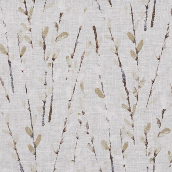 Linen-like fabric or wallpaper with vertical, painterly brown and beige twig-and-leaf brushstrokes; repeating printed pattern covers the surface, suggesting neutral, softly lit interior décor.