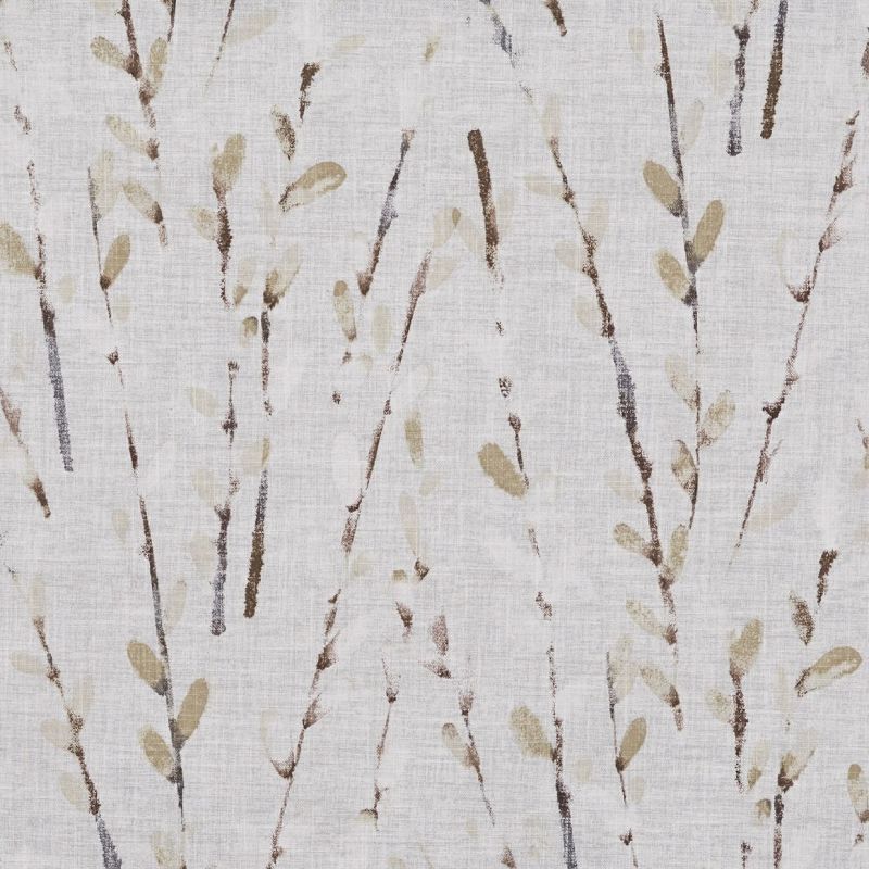 Linen-like fabric or wallpaper with vertical, painterly brown and beige twig-and-leaf brushstrokes; repeating printed pattern covers the surface, suggesting neutral, softly lit interior dÃ©cor.