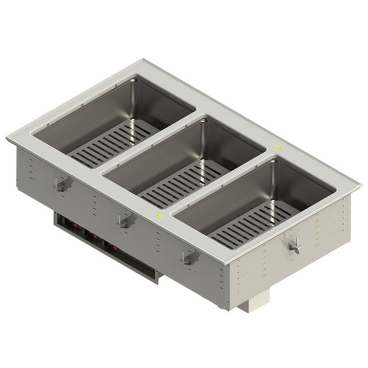 Three-well 120-volt modular drop-in dry hot well with infinite controls and flat flange