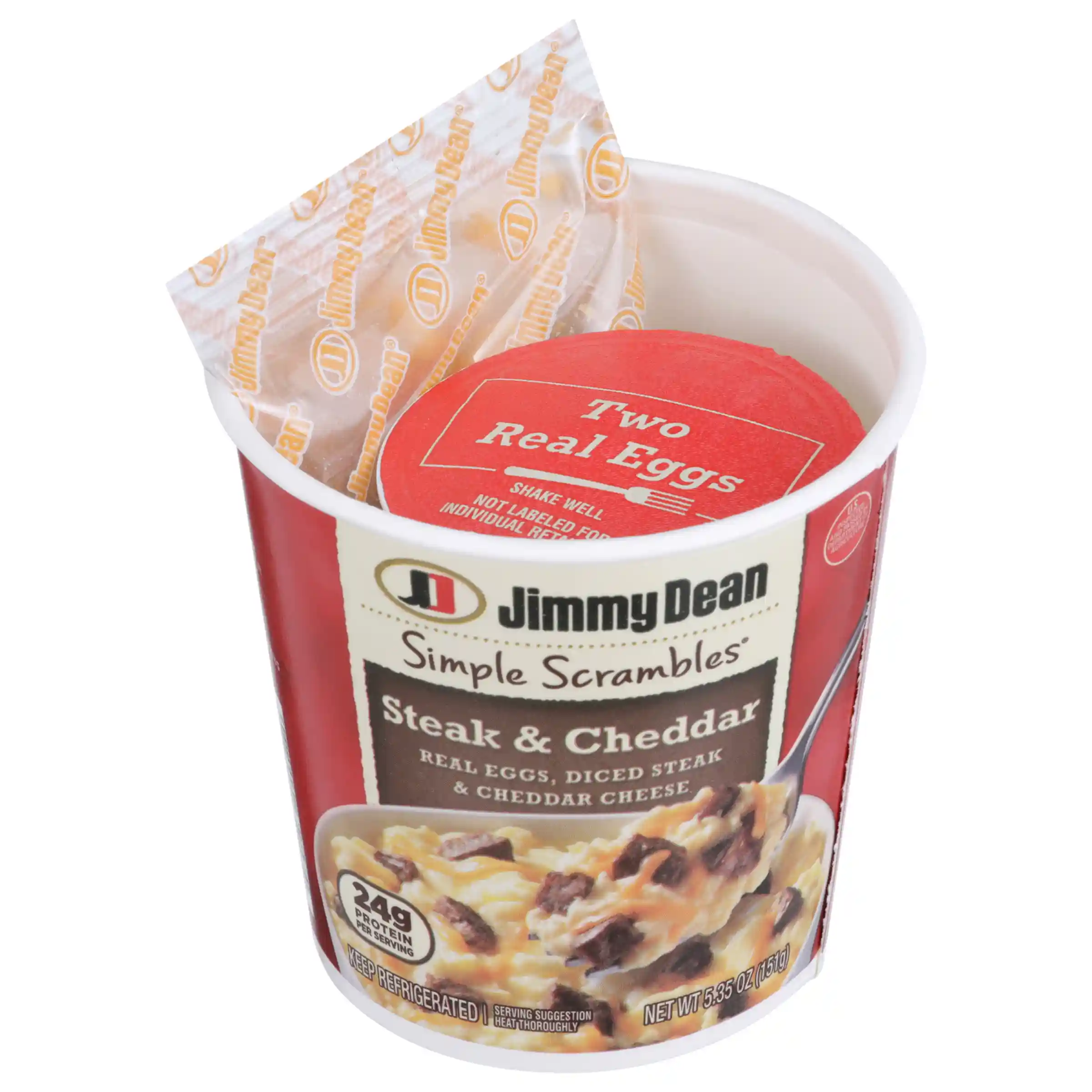 Jimmy Dean Simple Scrambles® Steak & Cheddar Breakfast Cups, 5.35 oz. https://images.salsify.com/image/upload/s--VimF8yxJ--/q_25/i0iihco0fqvxymh7f5hf.webp