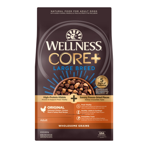 Wellness CORE+ Wholesome Grains Large Breed Deboned Chicken, Chicken Meal & Turkey Meal Front packaging