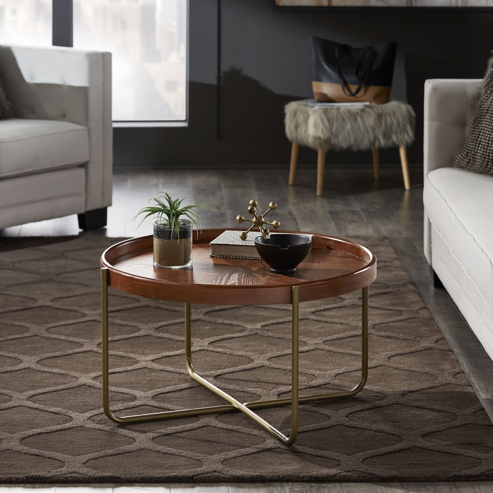 Gold Finish Metal and Wood Coffee Table