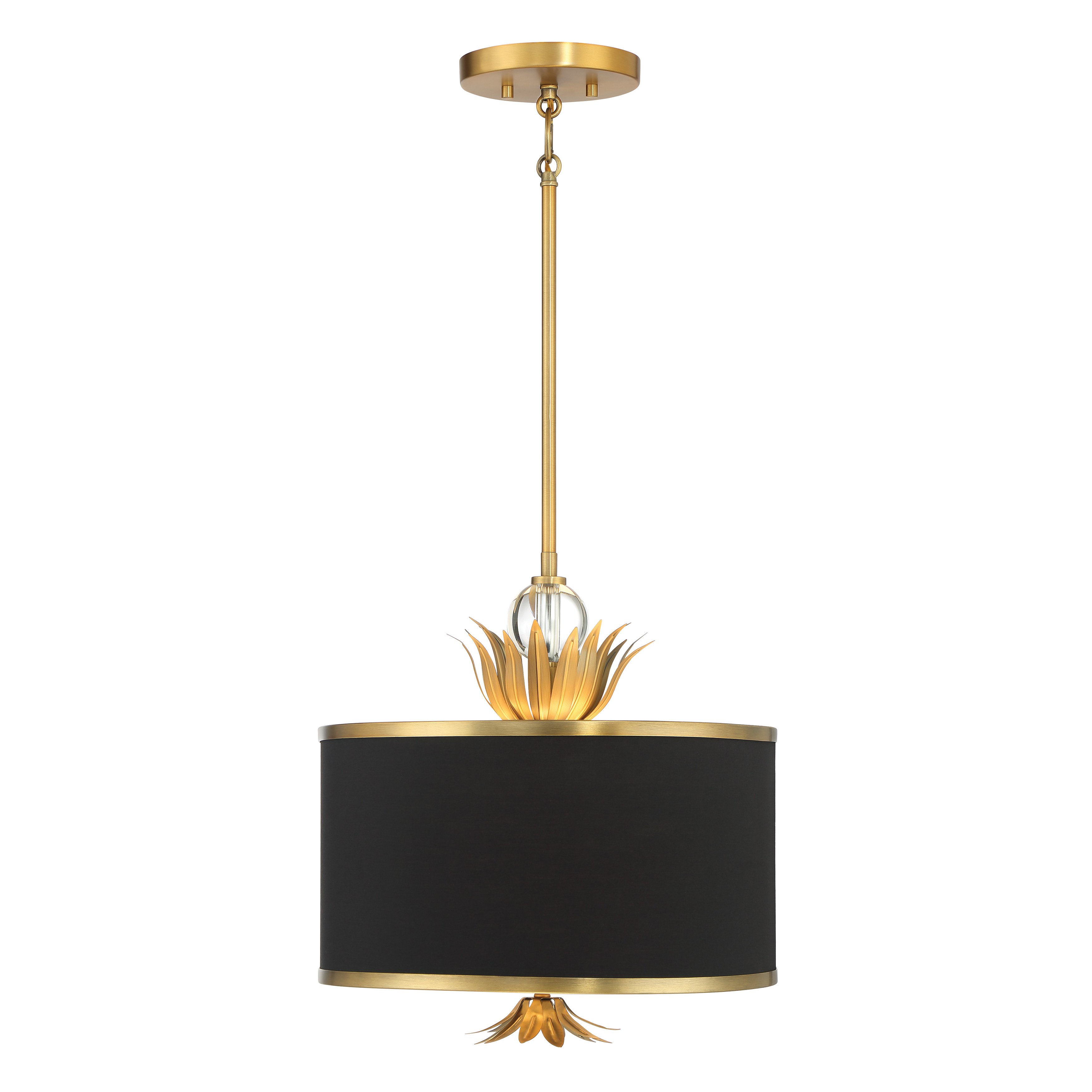 The Caprio pendant combines warm brushed brass with a refined fabric shade and crystal details, creating an upscale yet approachable fixture. Its compact 14.6-inch width makes it versatile for smaller dining areas and kitchen islands. - alternate view