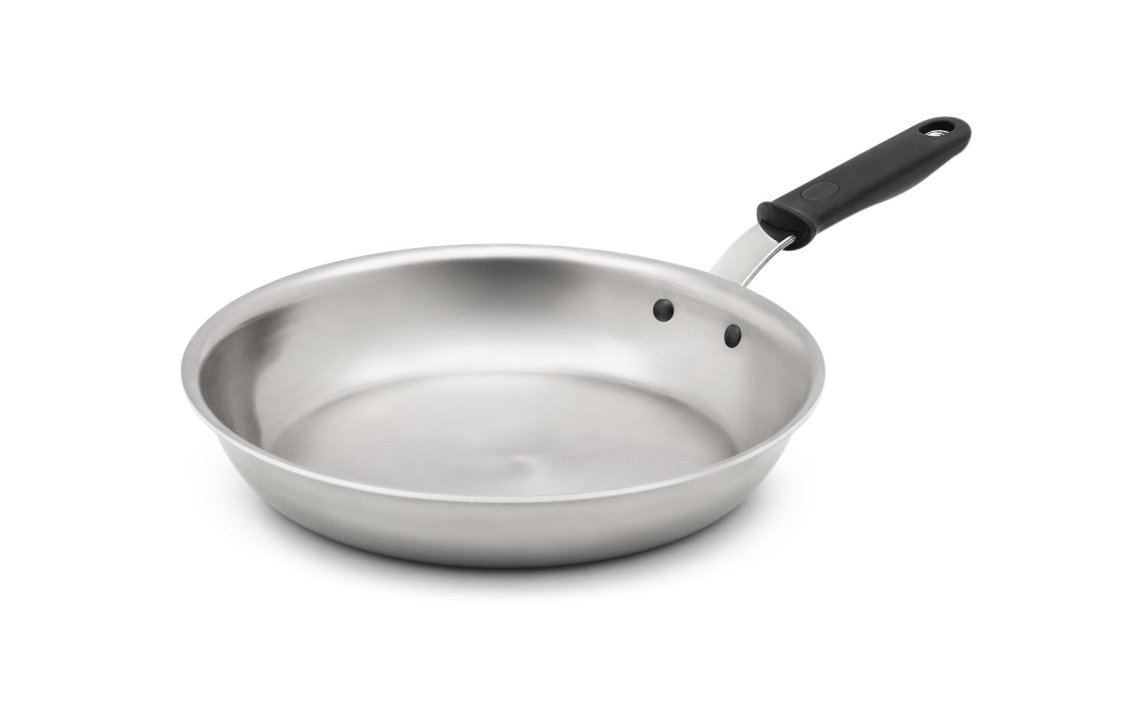 12-inch Wear-Ever® aluminum fry pan with natural finish and silicone handle