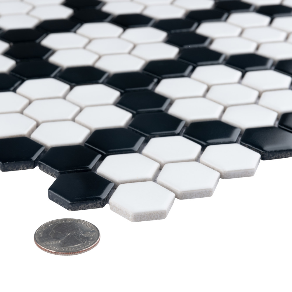 Sample – Metro 1″ Hex Matte White w/Black Honeycomb Porcelain Mosaic Tile