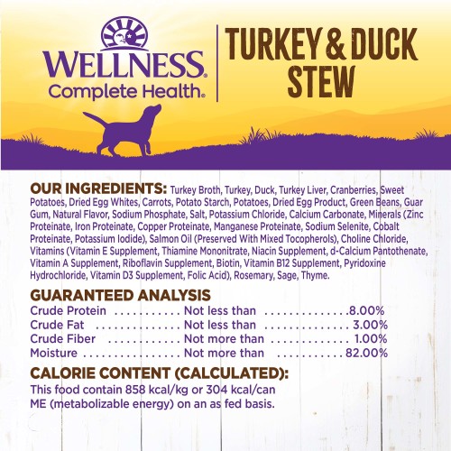 <p>Turkey Broth, Turkey, Duck, Cranberries, Turkey Liver, Sweet Potatoes, Dried Egg Product, Turkey Hearts, Carrots, Potato Starch, Natural Flavor, Potatoes, Green Beans, Guar Gum, Sodium Phosphate, Salt, Potassium Chloride, Minerals (Zinc Proteinate, Iron Proteinate, Copper Proteinate, Manganese Proteinate, Sodium Selenite, Cobalt Proteinate, Potassium Iodide), Choline Chloride, Vitamins (Vitamin E Supplement, Thiamine Mononitrate, Niacin Supplement, d-Calcium Pantothenate, Vitamin A Supplement, Riboflavin Supplement, Biotin, Vitamin B12 Supplement, Pyridoxine Hydrochloride, Vitamin D3 Supplement, Folic Acid), Salmon Oil (Preserved With Mixed Tocopherols), Calcium Carbonate, Rosemary, Sage, Thyme.</p>
