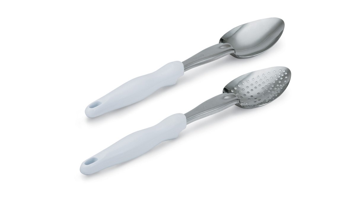14-inch heavy-duty stainless steel solid basting spoon with white Ergo Grip™ handle