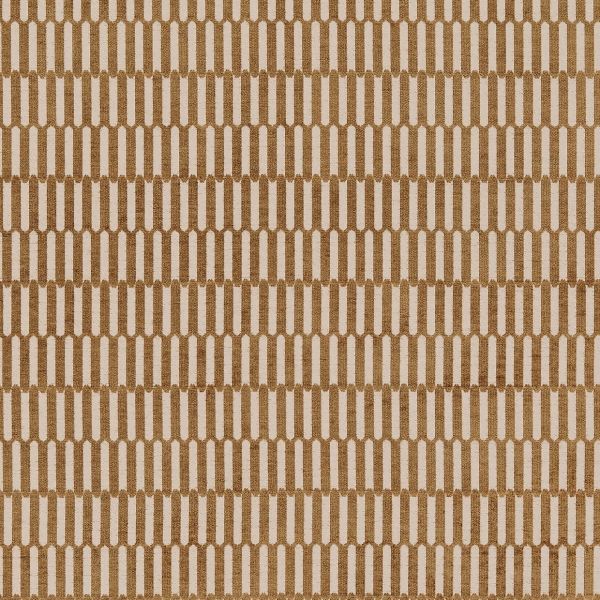 Beige-and-tan woven fabric with repeating vertical rounded rectangles, forming a staggered grid pattern; pattern repeats evenly across the flat, evenly lit surface in a close-up view.