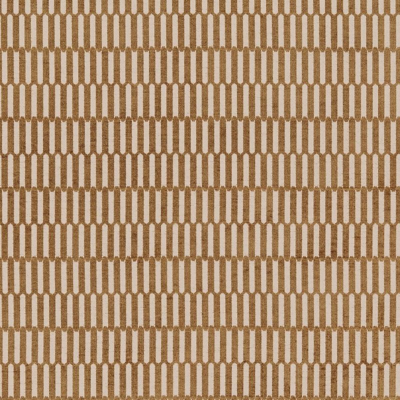 Beige-and-tan woven fabric with repeating vertical rounded rectangles, forming a staggered grid pattern; pattern repeats evenly across the flat, evenly lit surface in a close-up view.