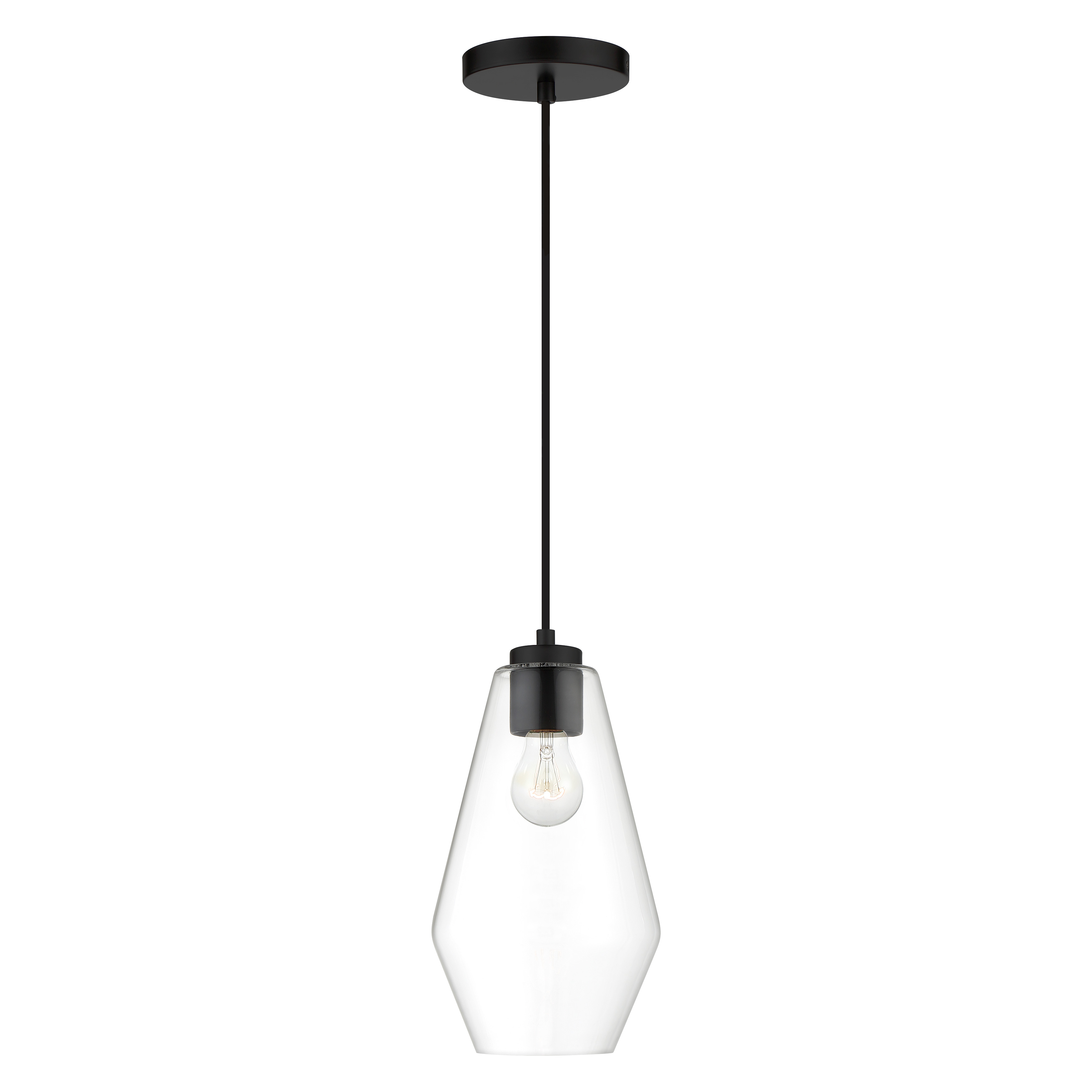 The Clarity pendant combines modern minimalism with industrial edge through its coal black finish and clear glass shade. Compact at 6.75 inches wide, it's perfect for task lighting or clustered installations over islands and bars. - alternate view