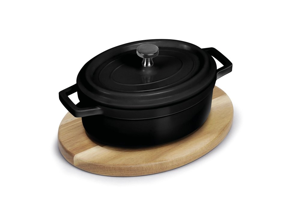 Mini cazuela ovalada negra con tapa con base de madera
