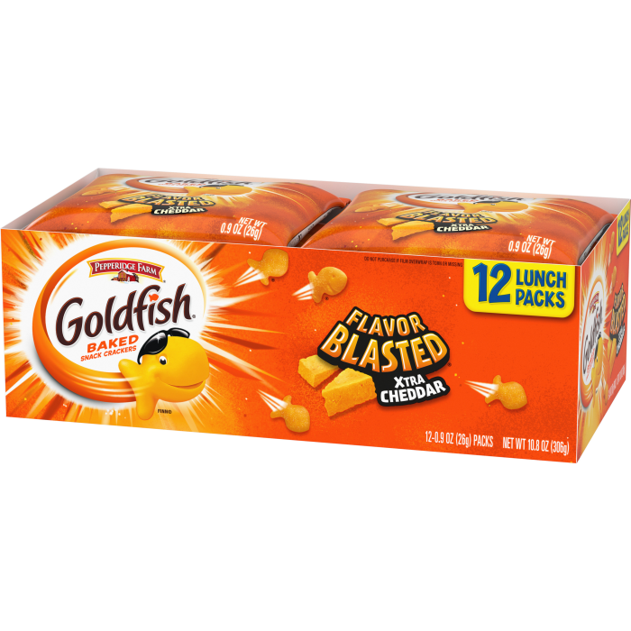 Goldfish® Xtra Cheddar Crackers, 12 count box, 0.9 oz, bag - Right Angle Image