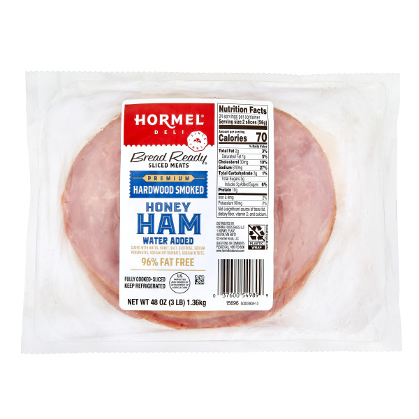 BREAD READY(r) Ham, Buffet, Hardwood Smoked, Honey, Premium, Water Added, 1 oz slices, 4/3 lb . C1CB - Front Center Inner Pack (Hi Res)