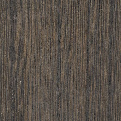 Dark wood veneer panel with fine vertical grain patterns; stationary, displaying subtle bark-like striations; close-up view under even lighting, likely a tabletop or cabinetry surface.