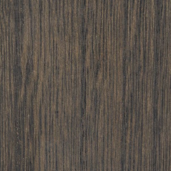 Dark wood veneer panel with fine vertical grain patterns; stationary, displaying subtle bark-like striations; close-up view under even lighting, likely a tabletop or cabinetry surface.
