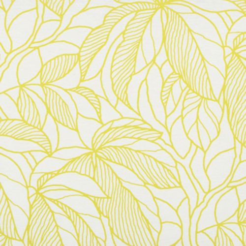 Yellow line-drawn leaf-pattern wallpaper covering a flat white surface; overlapping, veined leaves repeat across the panel; appears as a bright, decorative botanical swatch under even lighting.