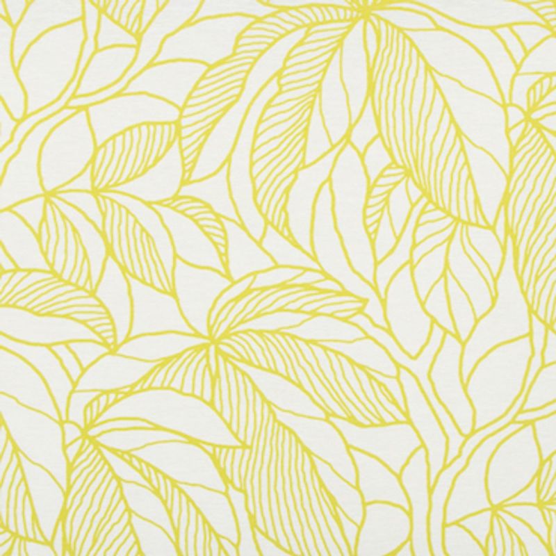 Yellow line-drawn leaf-pattern wallpaper covering a flat white surface; overlapping, veined leaves repeat across the panel; appears as a bright, decorative botanical swatch under even lighting.