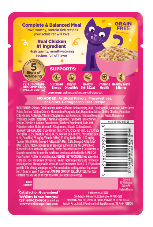 Wellness Appetizing Entrees Shredded Chicken & Duck back packaging