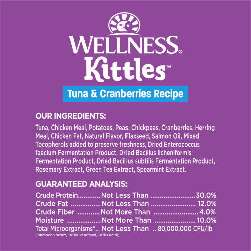 <p>Tuna, Chicken Meal, Potatoes, Peas, Chickpeas, Cranberries, Herring Meal, Chicken Fat, Natural Flavor, Flaxseed, Salmon Oil, Mixed Tocopherols added to preserve freshness, Dried Enterococcus faecium Fermentation Product, Dried Bacillus licheniformis Fermentation Product, Dried Bacillus subtilis Fermentation Product, Rosemary Extract, Green Tea Extract, Spearmint Extract.</p>
