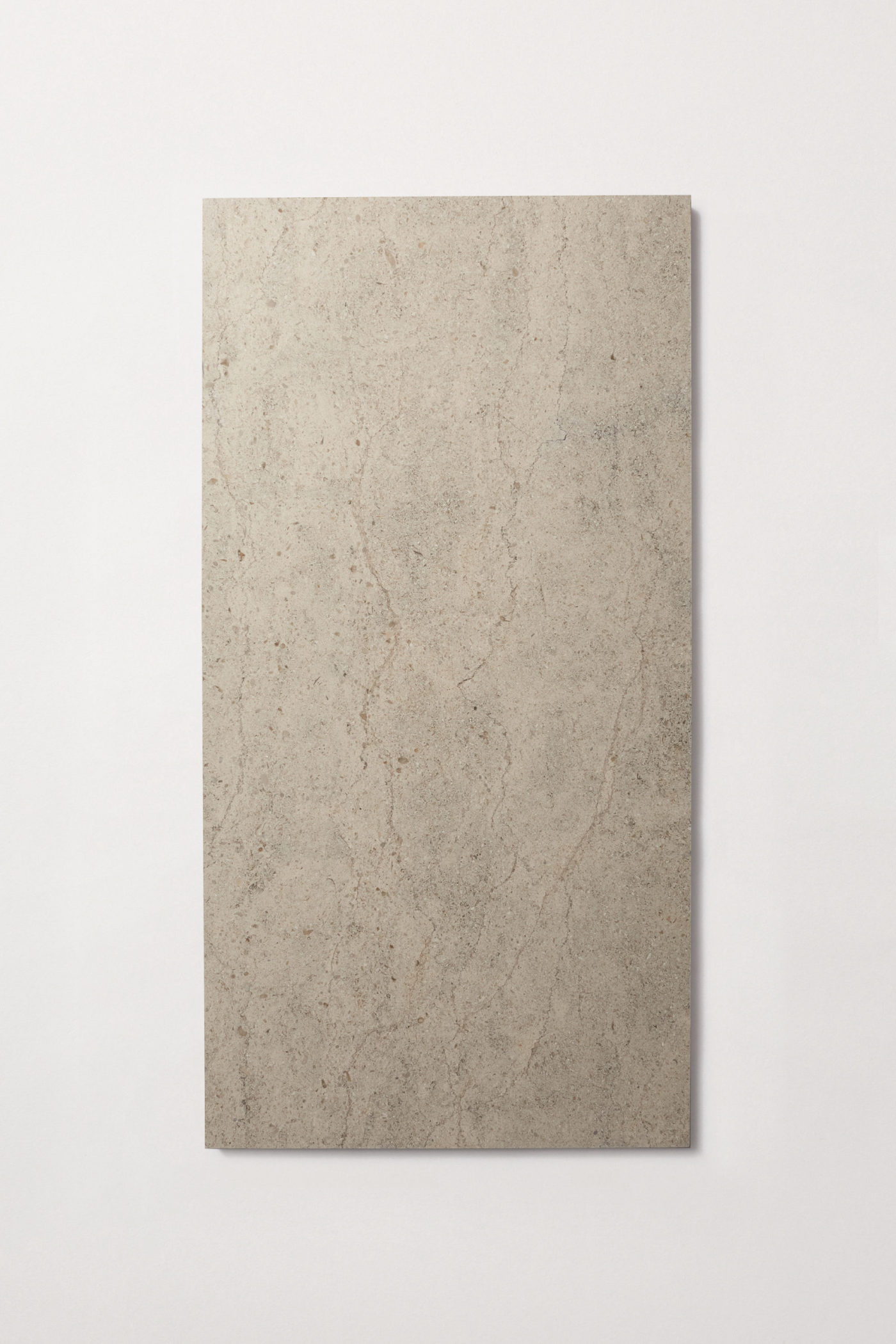 a grey rectangular limestone tile on a white surface.