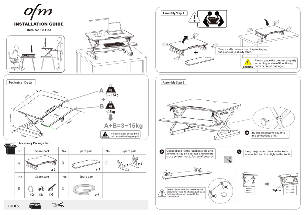 OFM Height Adjustable Sit to Stand Desktop Riser, in Black (5100BLK