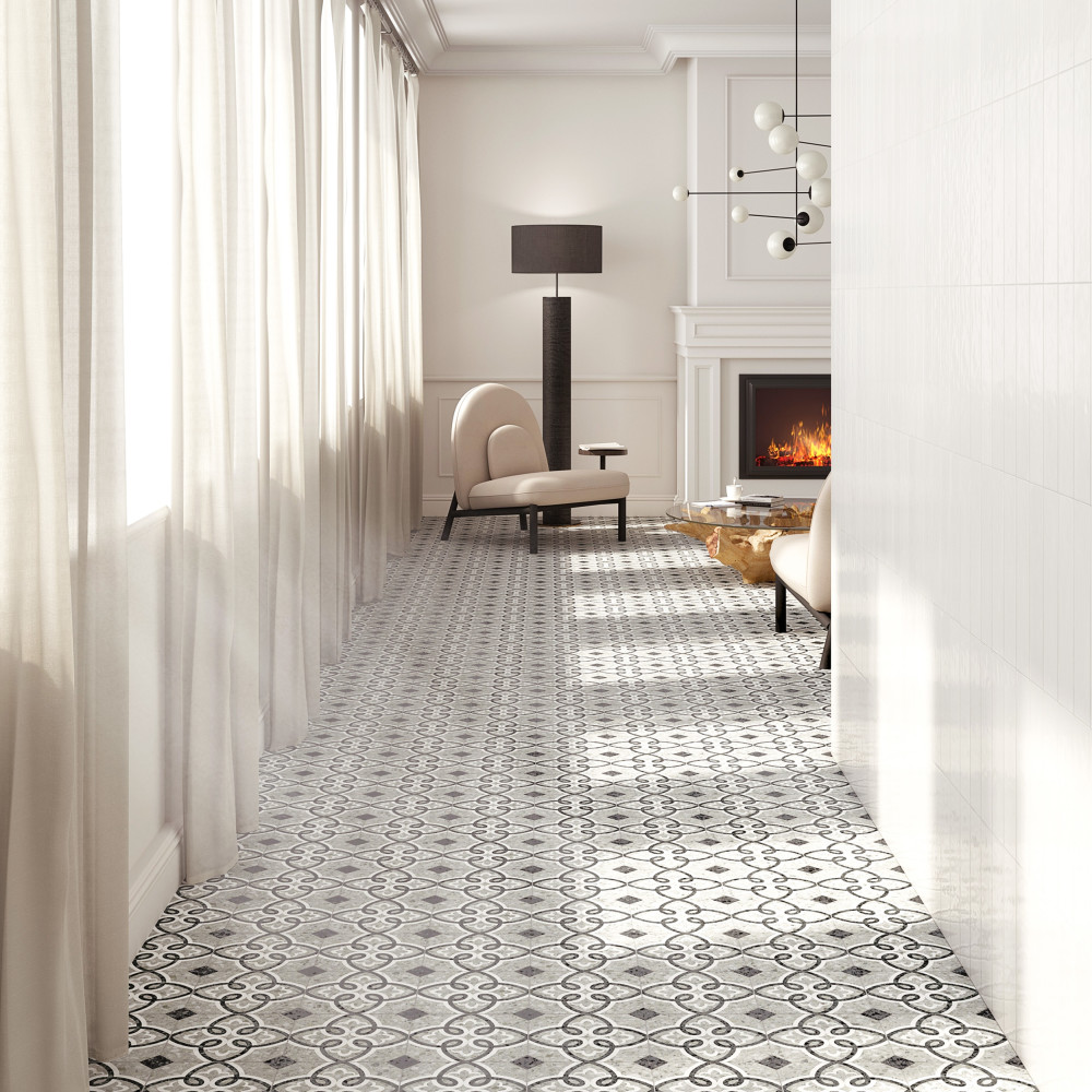 Riviera Octagon Garde Gris with Taco Nero 7-7/8 in. x 7-7/8 in. Porcelain Floor and Wall Tile