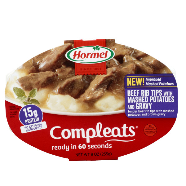 HORMEL(r) COMPLEATS(r) Beef Tips & Mashed Potatoes,  6/9oz. . C1N1 - Front No Plunge In Package (Hi Res)