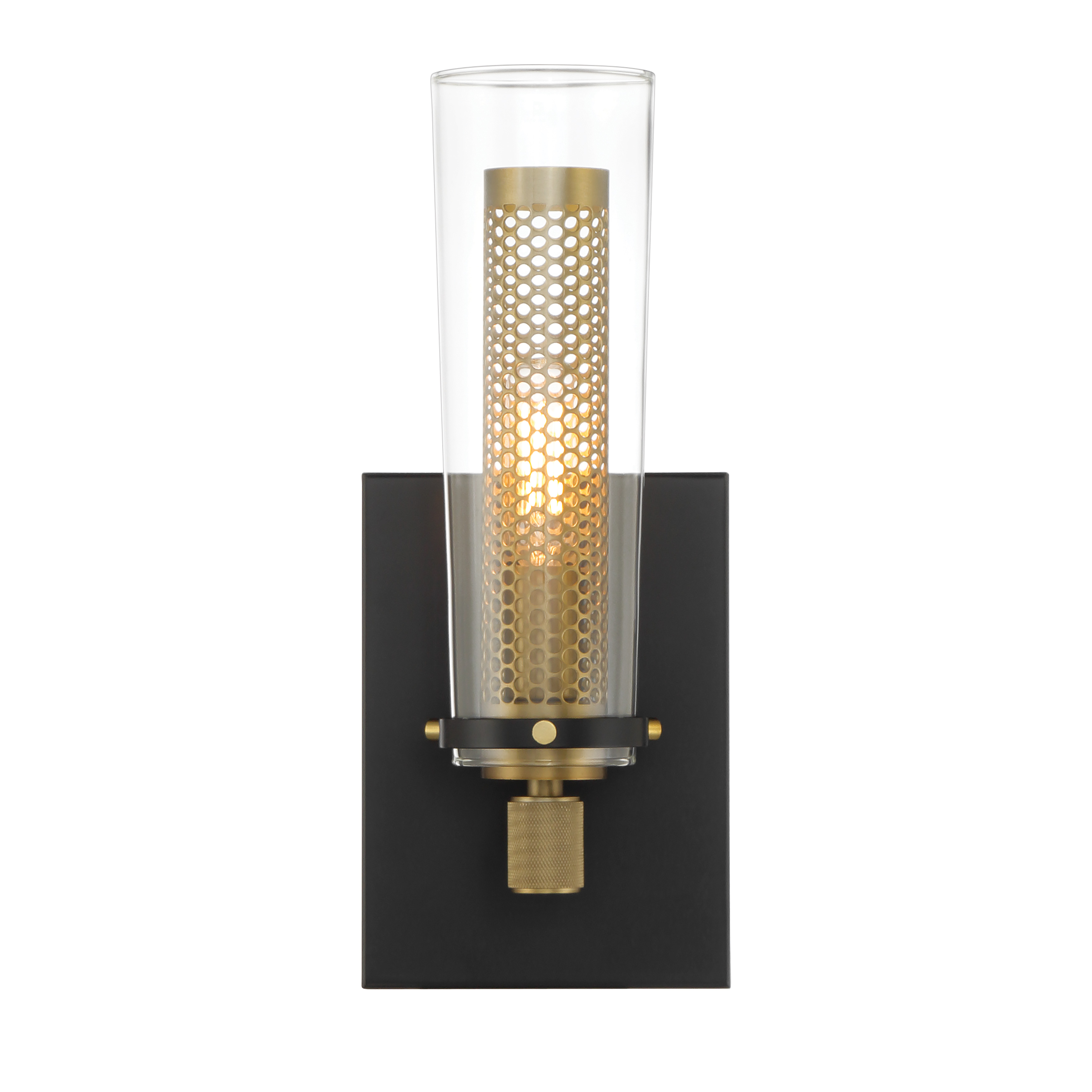 The Emmerham wall sconce combines coal black steel with soft brass accents and clear glass shades for a sophisticated modern look. Its 20-inch width makes it ideal for bathroom vanities and hallways. - alternate view