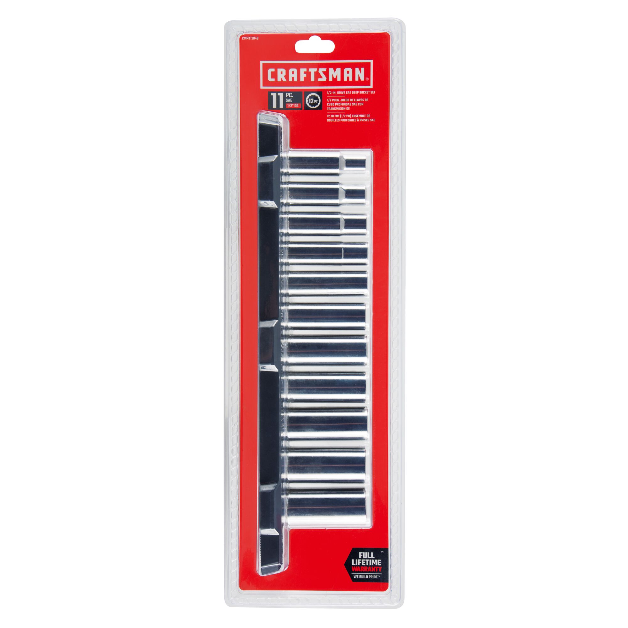 11 piece half inch drive s a e 12 point deep socket set in plastic packaging.