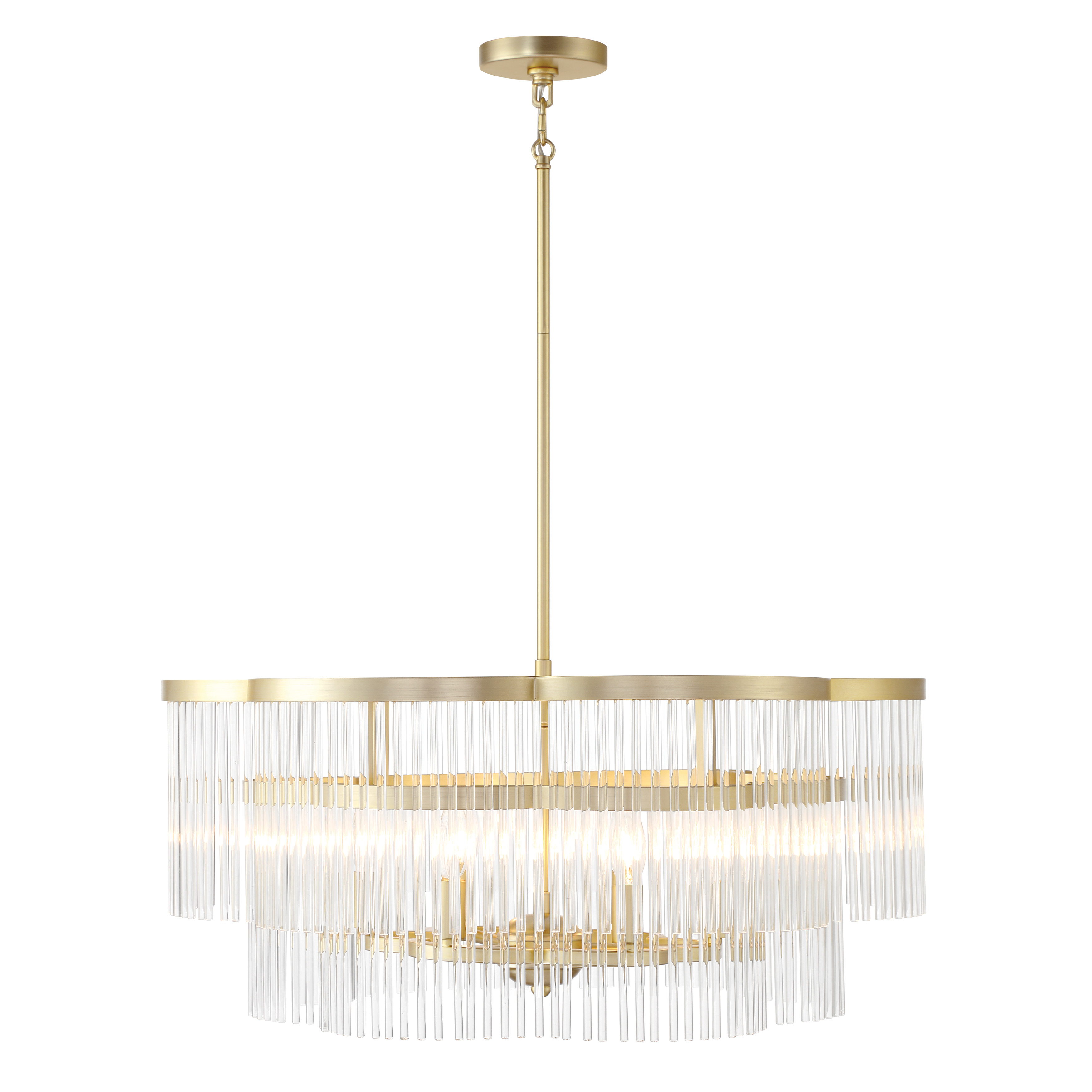 The Azura 6-Light Pendant combines warm heirloom brass with prismatic crystal rods for sophisticated sparkle. Its 28-inch linear profile makes it perfect for dining tables and kitchen islands, delivering both ambient and decorative lighting. - alternate view