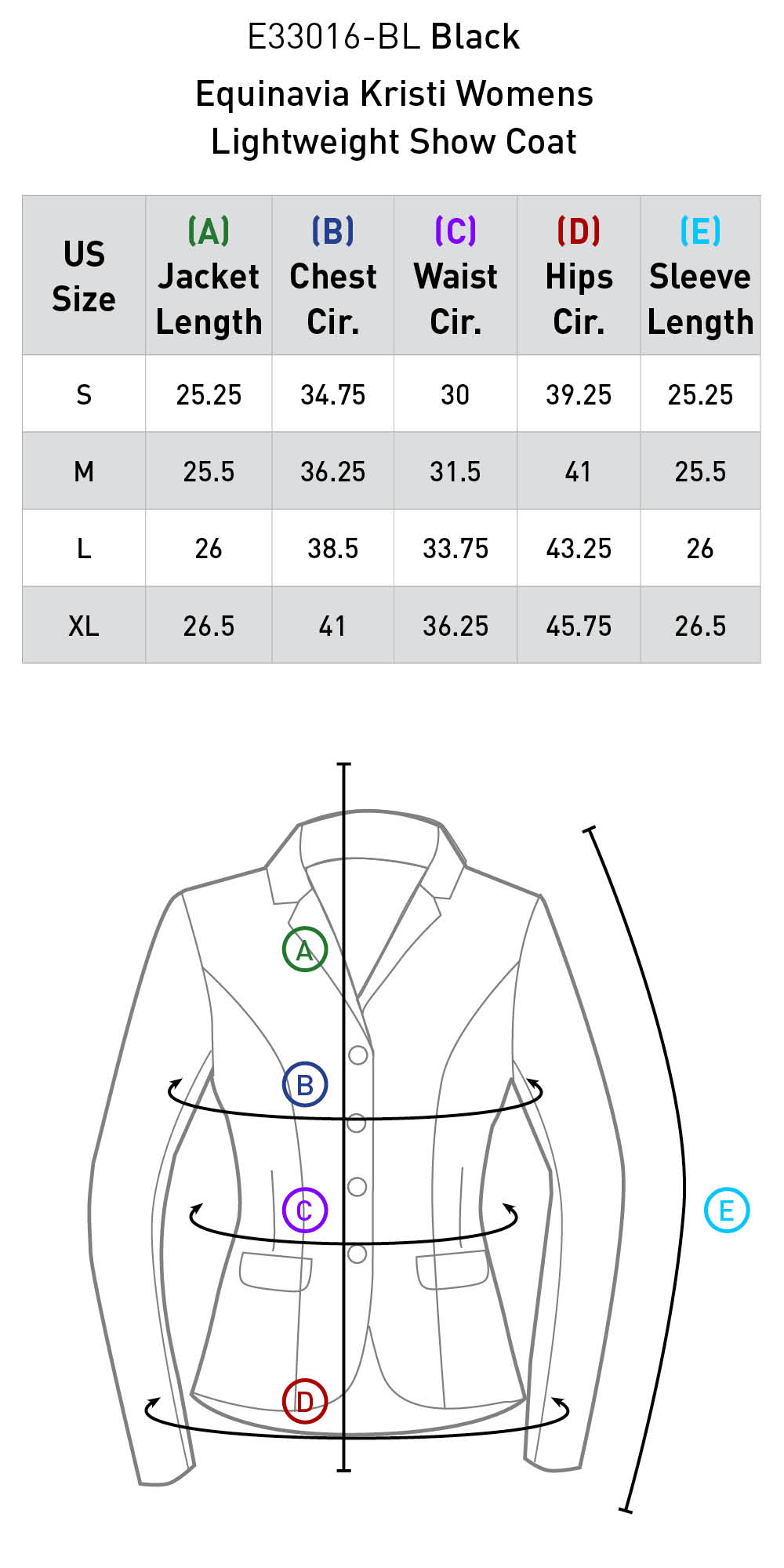 Size chart for Equinavia Kristi Womens Lightweight Show Coat - Black