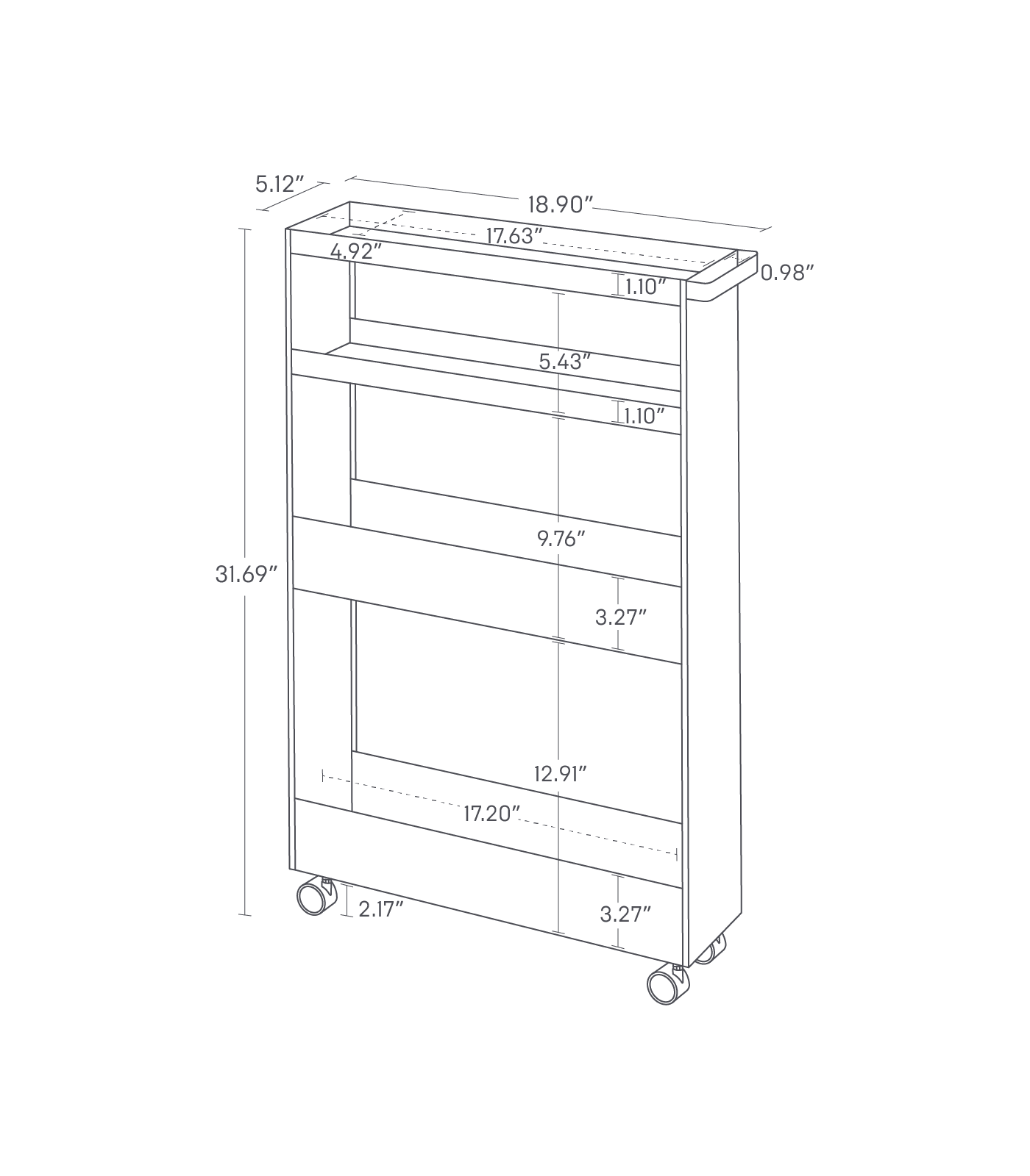 Dimension image for Slim Rolling Wagon with dimensions: height is 31.69", width is 18.90", depth is 5.12". Shelves are spaced at 4.92", 5.43", 9.76", and 12.91". The top section depth is 0.98", shelf widths are 17.63", 17.20", and 17.20", caster height is 2.17".