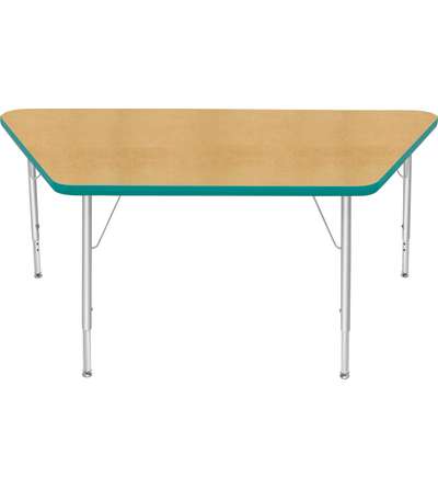 Creative Colors® Activity Table, Trapezoid, 30" x 60", Maple Top Color, Teal Edge Color, Standard Leg Height, Platinum Silver Le
